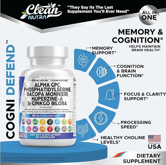 Clean Nutraceuticals Alpha GPC Choline 300mg Phosphatidylserine 3000mg Bacopa Monnieri 6000mg Ginkgo Biloba 2000mg Huperzine A 400mcg Supplement with Urdine Lions Mane Cats Claw NAC Vitamin C B D E