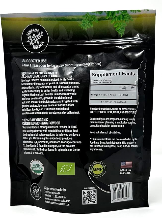 100% Raw and Pure Moringa Leaf Powder. Organic Certified Moringa Leaf. Natural Superfood with Essential Amino Acids, Antioxidants, and Omega 3, 8 oz Resealable Bag.