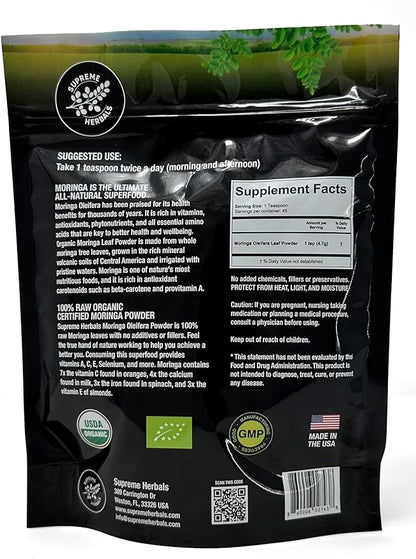 100% Raw and Pure Moringa Leaf Powder. Organic Certified Moringa Leaf. Natural Superfood with Essential Amino Acids, Antioxidants, and Omega 3, 8 oz Resealable Bag.