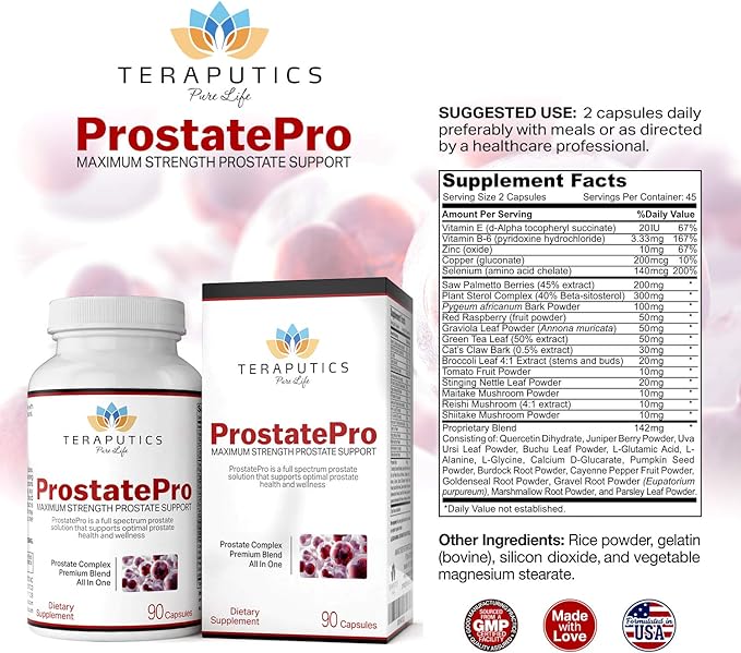 ProstatePro - 33 Herbs Saw Palmetto Prostate Health Supplements For Men | Reduce Urination | Hair Growth w/ DHT Blocker | Beta Sitosterol, Pygeum and Saw Palmetto for Men Prostate Support, 90 Capsules