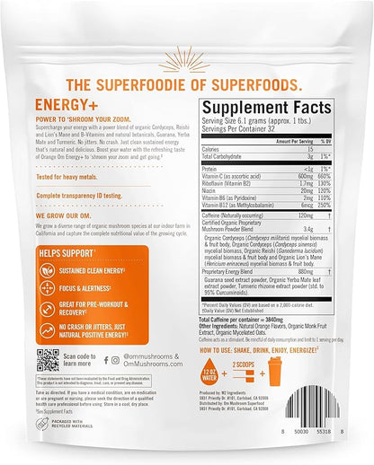 OM Mushroom Superfood Energy Plus Mushroom Powder Drink Mix, Citrus Orange, 7.05 Ounce, 32 servings, Mushroom Blend, Cordyceps, Yerba Mate, Tumeric, Vitamin B Complex, Pre-workout, Immune Supplement