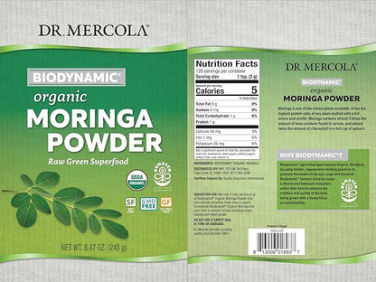 Dr. Mercola, Organic Biodynamic Moringa Powder, 8.46 oz. (240 g), 120 Servings, Non GMO, Soy Free, Gluten Free, USDA Organic