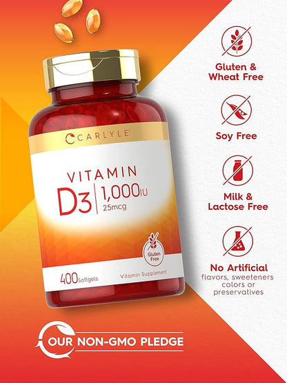 Carlyle Vitamin D3 1000 IU | 400 Softgels | Non-GMO and Gluten Free Formula | 25 mcg