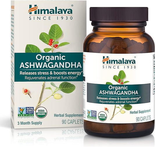 Himalaya Organic Ashwagandha, 90 Day Supply, Herbal Supplement for Stress Relief, Energy Support, Occasional Sleeplessness, USDA Certified Organic, Non-GMO, Vegan, Gluten Free, 670 mg, 90 Caplets