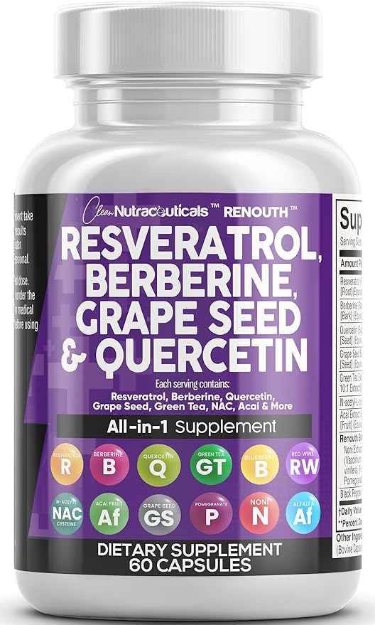 Resveratrol 6000mg Berberine 3000mg Grape Seed Extract 3000mg Quercetin 4000mg Green Tea Extract - Polyphenol Supplement for Women and Men with N-Acetyl Cysteine, Acai Extract - 60 Capsules