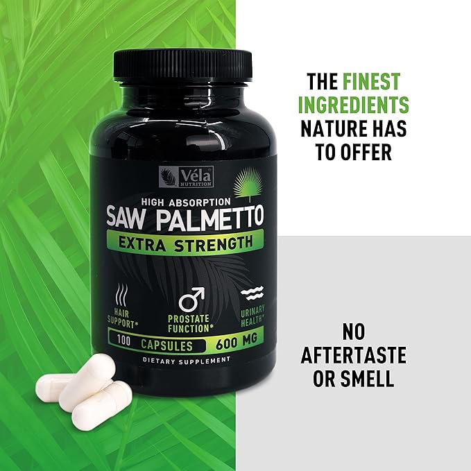 Vela Saw Palmetto Extra Strength High Absorption Supplement Capsules - No Bad Smell - 1 Capsule x Day - 600 mg