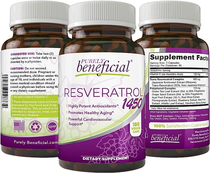 PURELY beneficial RESVERATROL1450-90day Supply, 1450mg per Serving of Potent Antioxidants & Trans-Resveratrol, Promotes Anti-Aging, Cardiovascular Support, Maximum Benefits (1bottle)