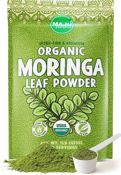 MAJU's Organic Moringa Powder (1 Pound), Oleifera Leaf, Extra-Fine Quality, Dried Drumstick Tree Leaves, For Tea, Smoothies, Food-Grade