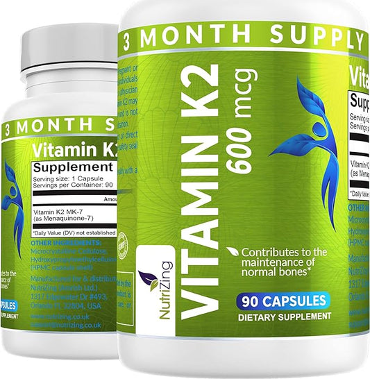 NutriZing K2 Vitamin Supplement MK-7 - High Strength 600mcg - Supports Bone & Arterial Health - 90 Vegan Capsules - Vitamin K2 for Men & Women - 3 Month Supply