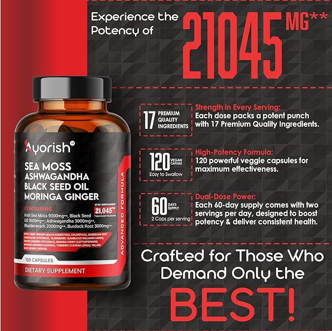 Sea Moss 9000mg Black Seed Oil 3600mg Ashwagandha 3000mg Bladderwrack 2000mg Burdock 3000mg, Vitamin C & D3 with Elderberry Manuka Dandelion Yellow Dock Chlorophyll ACV Moringa Ginger 120 Caps