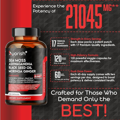 Sea Moss 9000mg Black Seed Oil 3600mg Ashwagandha 3000mg Bladderwrack 2000mg Burdock 3000mg, Vitamin C & D3 with Elderberry Manuka Dandelion Yellow Dock Chlorophyll ACV Moringa Ginger 120 Caps