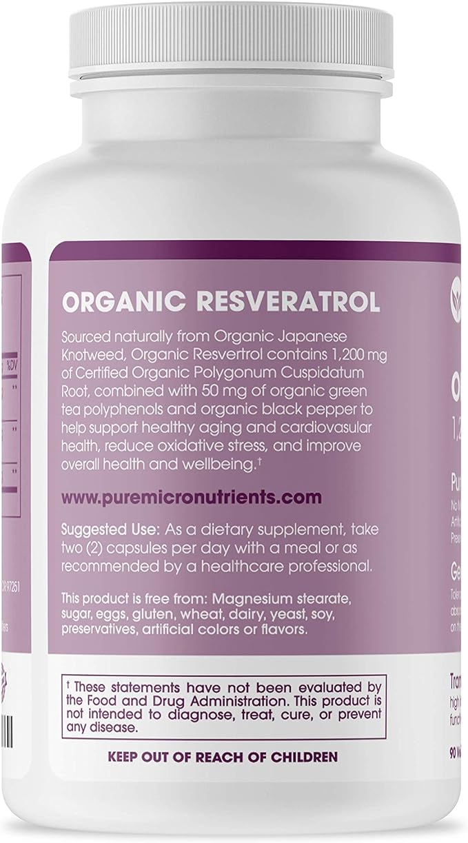 Organic Resveratrol Supplement 1200mg - Extra Strength Formula for Anti Aging, Heart & Immune Health - 90 Vegan Capsules with 99% Trans-Resveratrol, Green Tea Leaf & Black Pepper