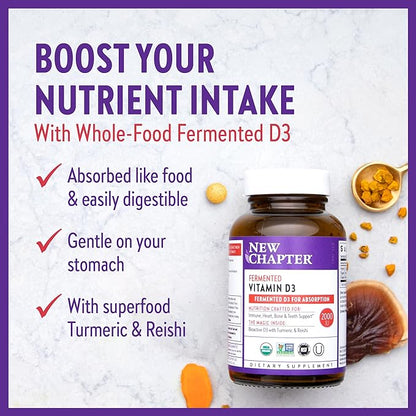 New Chapter Fermented Vitamin D3 2,000 IU, Organic, ONE Daily for Immune, Heart & Bone Support + Whole-Food Turmeric, Adaptogenic Reishi Mushroom, 100% Vegetarian, Gluten Free, 90 Count