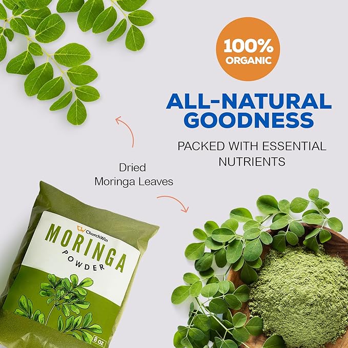 Organic Moringa Powder, 100% Raw, Premium Moringa Powder from Ghana, Enriched with Vitamins C, E, A & K for Radiant Skin & Immune Function, Moringa Powder for Hair Growth, (8 oz)