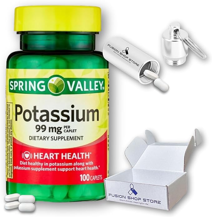 Spring Valley Potassium 99mg - Caplets Suplement, 100ct (Pack of 1), Set with Fusion Shop Store Keychain Portable Travel Case Pills (1)