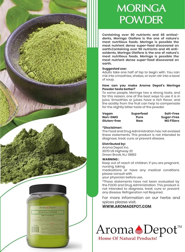 Moringa Powder 2 lbs. Pure-Natural | from India | Polvo de Moringa Oleifera | Moringa Leaf Powder Superfood |Gluten-Free & Vegan | Great for Smoothies, Tea, Drinks & Recipes.