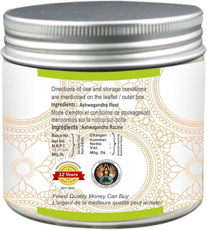 Pure Ashwgandha Powder (Withania somnifera) Organic Certified 100% Natural Therapeutic Grade 100gm (3.5 oz)