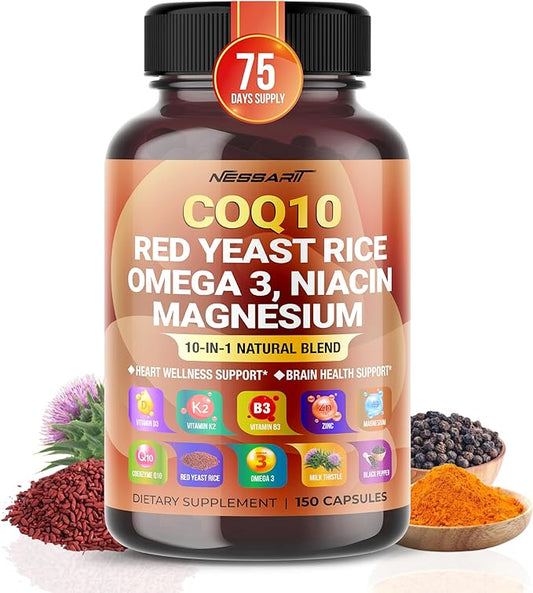 COQ10 + Red Yeast Rice 6,000mg Supplement - 10-in-1 Natural Blend with Omega 3 Vitamin B3, K2, D3, Zinc Milk Thistle Black Pepper - 150 Count - Made & Tested in The USA