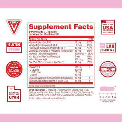 Zhou Vegan Essentials Multivitamin Supplement, B Vitamins, Energy, Vitamin C, Zinc, Immune System Function, Iodine Thyroid Support, Liposomal Iron, Plant-Based Diet Multivitamin, 60 Veg Caps