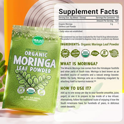 MAJU's Organic Moringa Powder (1 Pound), Oleifera Leaf, Extra-Fine Quality, Dried Drumstick Tree Leaves, For Tea, Smoothies, Food-Grade