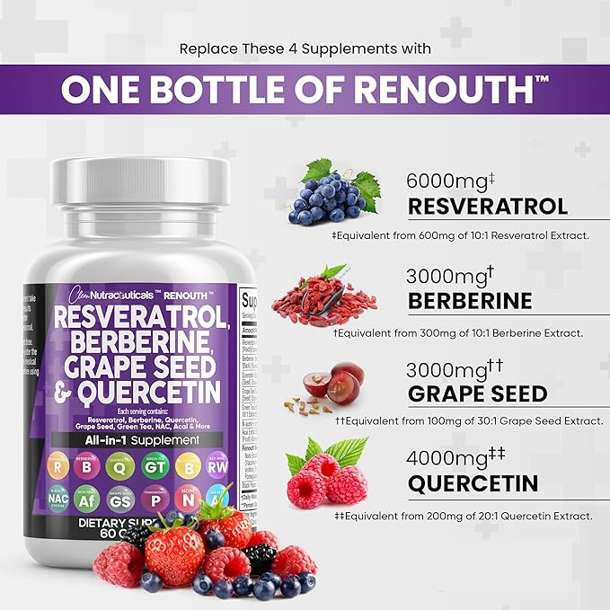 Resveratrol 6000mg Berberine 3000mg Grape Seed Extract 3000mg Quercetin 4000mg Green Tea Extract - Polyphenol Supplement for Women and Men with N-Acetyl Cysteine, Acai Extract - 60 Capsules