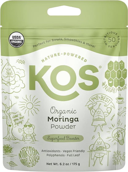 KOS Organic Moringa Oleifera Leaf Powder, 100% Raw Superfood, Nutrient Rich Vegan Multivitamin to Support Natural Energy Boosting - Plant Based Smoothies & Drinks, Non-GMO, Gluten-Free, 50 Servings