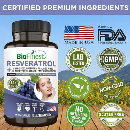 Resveratrol 1200mg Supplement - 50% Trans Resveratrol Antioxidant - Acai Berry Grape Seed Green Tea Black Pepper Red Wine Extract - Skin Beauty Brain Heart - Made in USA (60 Veg. Capsules)