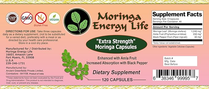 Moringa Extra Strength Capsules 120, Moringa Oleifera Leaf, Amla Fruit, Black Pepper. Gluten-Free, Non-GMO, Vegan Supplement