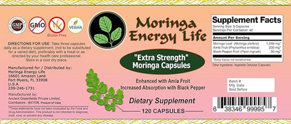 Moringa Extra Strength Capsules 120, Moringa Oleifera Leaf, Amla Fruit, Black Pepper. Gluten-Free, Non-GMO, Vegan Supplement