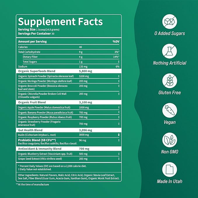 Nello Supergreens - Premium Superfood Greens Drink Mix with Chlorella, Moringa, Spinach, & Broccoli + Digestive Enzymes - Nutrient-Packed Greens Powder Superfood for Wellness(30 SRV)