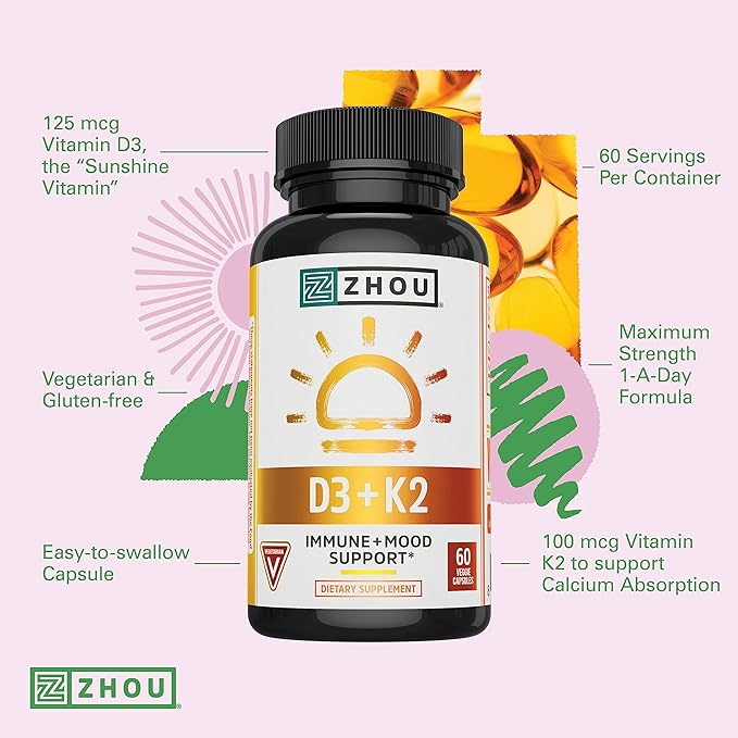 Zhou Nutrition Vitamin D3 K2, Bone and Heart Health Formula 5000 IU Vitamin D3 & 90 mcg Vitamin K2, Max Strength 2 in 1 Immune Support and Calcium Absorption, Gluten Free, 60 Count