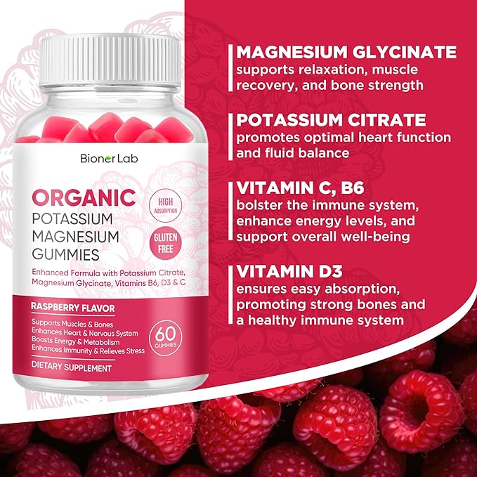 Organic Potassium Magnesium Gummies with Vitamin D3 B6 C - High Absorption Potassium 99mg Magnesium Glycinate 250mg Chewable Supplements for Women Men Adults Kids