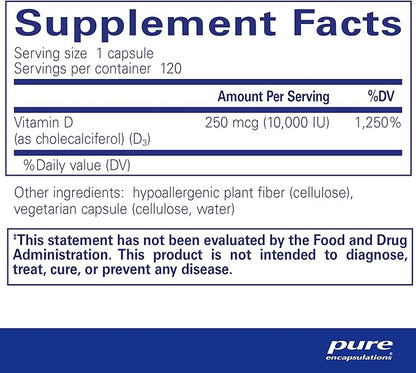 Pure Encapsulations Vitamin D3 250 mcg (10,000 IU) - Supplement to Support Bone, Joint, Breast, Heart, Colon & Immune Health - with Premium Vitamin D - 120 Capsules