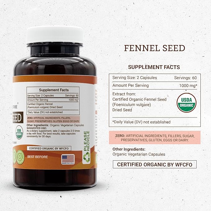 Secrets of the Tribe Fennel Seed USDA Organic 120 Capsules (2 pcs.) | Made with Vegetarian Capsules and Certified Organic Fennel Seed (Foeniculum vulgare) Dried Seed (2x120 Capsules)