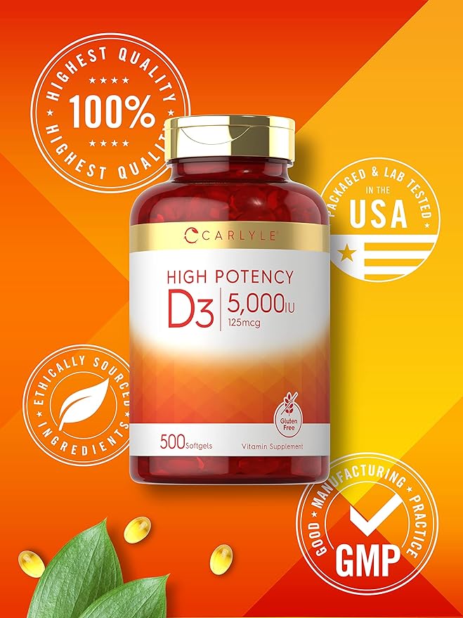 Carlyle Vitamin D3 5000 IU Softgels | 500 Count | Value Size | Non-GMO and Gluten Free Supplement | High Potency Formula | 125mcg