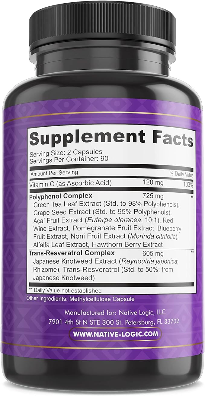 Trans-Resveratrol with Antioxidants 180 Capsules with Acai Berry, Grape Seed, and Green Tea Leaf Extract, 1450mg. Supports Cardiovascular Health and Immune System