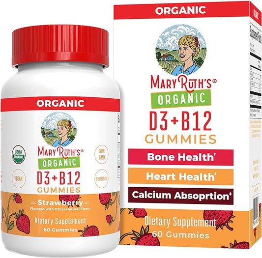 MaryRuth's Vitamin D3 + B12 Gummies | USDA Organic | 2 Month Supply | Vitamin D & B12 Vitamin Supplements for Adults & Kids | Supports Bone Health | Energy Boost | Vegan | Non-GMO | 60 Servings