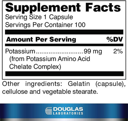 Douglas Laboratories Potassium 99 mg Chelated | Supports Nerve Impulses, Skeletal Muscle Function, and Already Normal Blood Pressure* | 100 Capsules