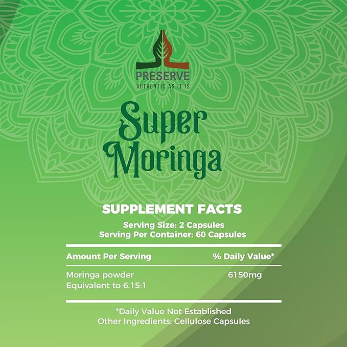 PRESERVE Moringa Oleifera Capsules 12300mg 100% Pure USDA Organic Moringa Leaf Powder Supplement Nutrient-Rich Vegetarian Green Superfood. Non GMO, USDA Approved, 60 Capsules.