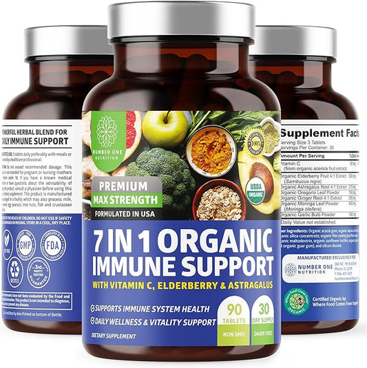 N1N Premium 7 in 1 Immune Support Supplement [100% USDA Organic] Daily Immune Boost with Vitamin C, Elderberry, Moringa Leaf, Oregano and Garlic for Immunity and Inflammatory Response, 90 Tablets