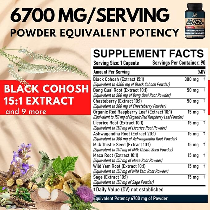 Black Cohosh Supplement 6700mg - 3 Months for Menopause & Immune Health - Blend of 12 Potent Herb includes Dong Quai, Chasteberry, Wild Yam, Red Clover, Black Pepper & others - 90 Vegan Capsules