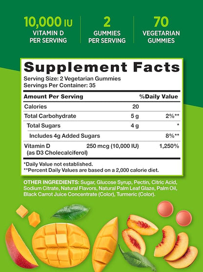 Nature's Truth Vitamin D3 Gummies | 10000 IU | 70 Count | Peach Mango Flavor | Vegetarian, Non-GMO & Gluten Free Supplement