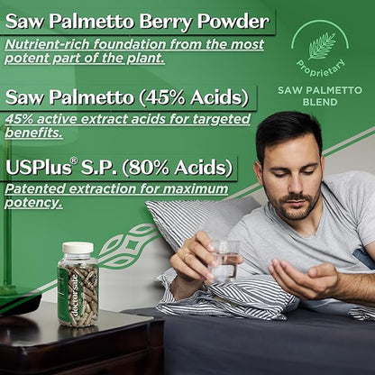 Saw Palmetto Prostate Supplements with USPlus Saw Palmetto for Men & Women - Advanced Prostate Health & Hair Revitalization | Dual-Action DHT Blocker for Men | 4-Month Supply