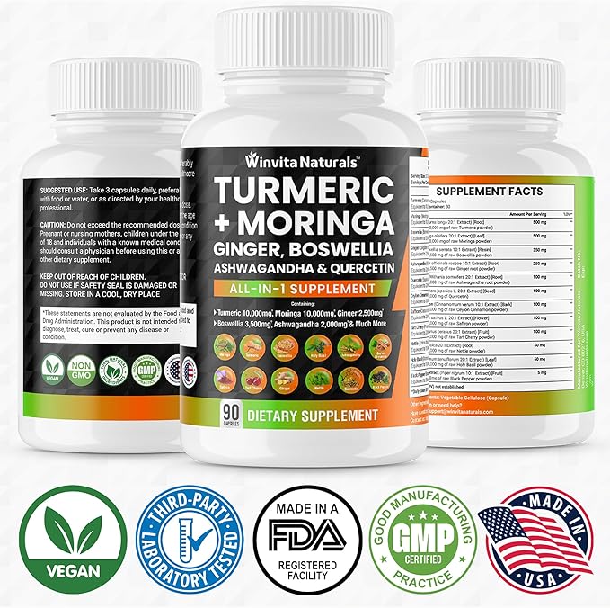 Turmeric Curcumin 10000mg Moringa 10000mg Boswellia 3500mg Ginger 2500mg Saffron 2000mg - Joint Support Supplement for Women and Men with Ceylon Cinnamon, Quercetin, Tart Cherry Vegan Capsules USA