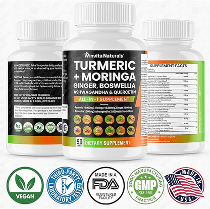 Turmeric Curcumin 10000mg Moringa 10000mg Boswellia 3500mg Ginger 2500mg Saffron 2000mg - Joint Support Supplement for Women and Men with Ceylon Cinnamon, Quercetin, Tart Cherry Vegan Capsules USA