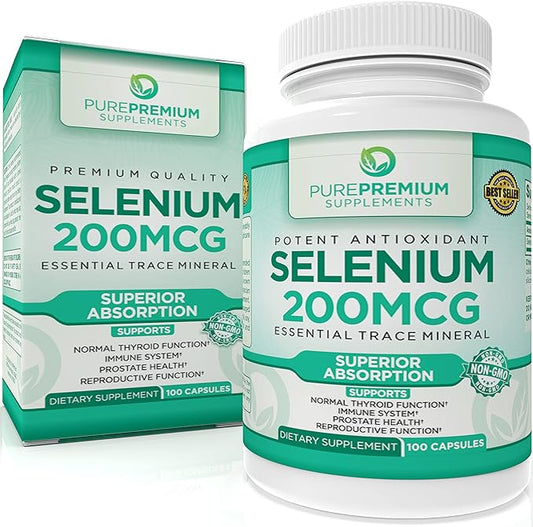 PurePremium Selenium 200mcg Supplement - L Selenomethionine Essential Mineral - Daily Support for Normal Thyroid, Immune System and Normal Prostate Function - 3 Months Supply - 100 Capsules