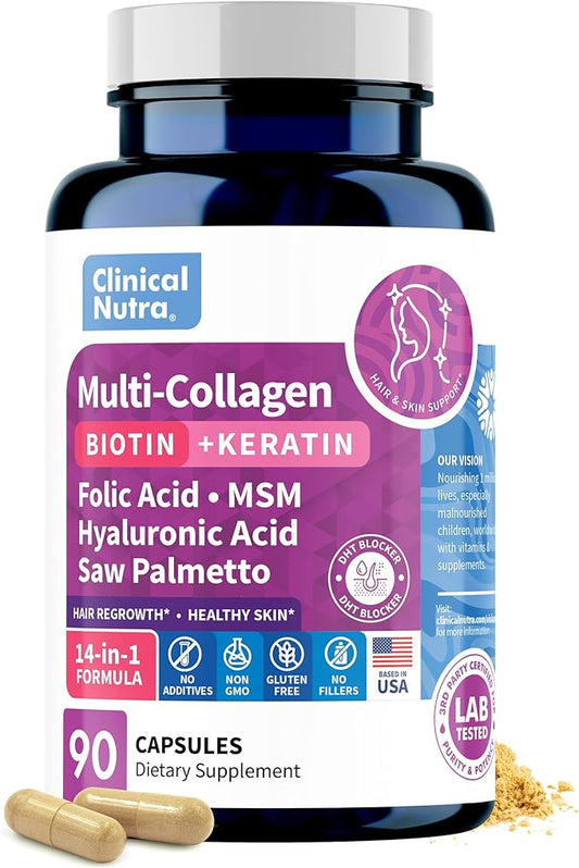 Collagen Peptides l Biotin l Keratin l Hyaluronic Acid l Saw Palmetto - Hair Growth Vitamins for Women and Men Supplement - Dht Blocker Supplements 90 Capsules USA Made