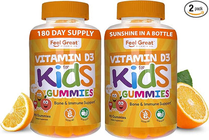 Feel Great Kids Vitamin D3 1000 IU Gummies | Kids Vitamin D Gummies for Healthy Bones, Mood, & Immune Support | Citrus Flavored Vegetarian D3 Gummies | 2 Pack