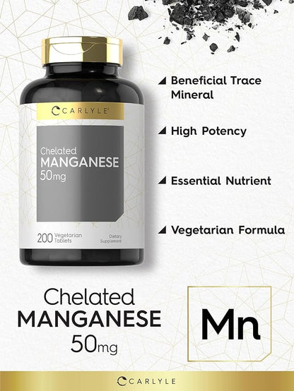 Carlyle Chelated Manganese | 200 Tablets | Vegetarian, Non-GMO, Gluten Free Supplement