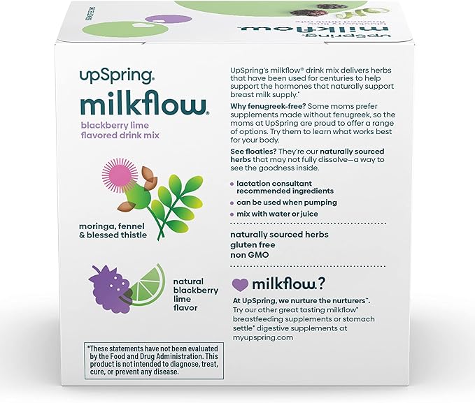 UpSpring Milkflow Fenugreek-Free BlackBerry Lime Drink Mix | Breastfeeding Supplement for Lactation Support | Moringa, Blessed Thistle, Fennel, Anise Promote Healthy Breastmilk Supply | 16 Ct